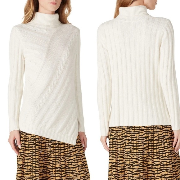 MILLY Asymmetrical Cable Knit Turtleneck Sweater - Picture 1 of 9